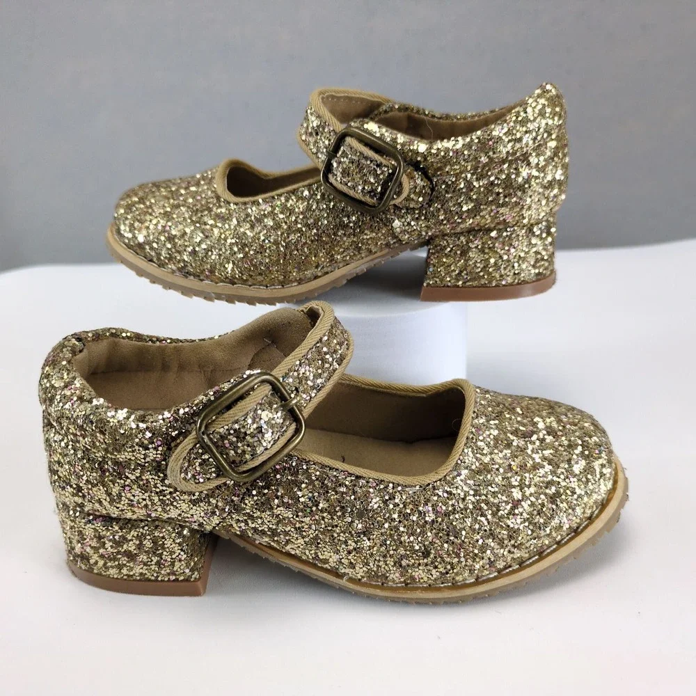 Konges Slojd Minnie Coeur Gold Glitter Mary Jane Shoes Little Girls US 8.5-9.5